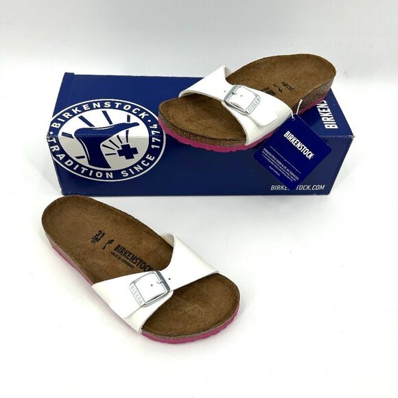 Birkenstock Other - NIB BIRKENSTOCK Girl's Madrid Patent Leather White Pink Slip On Sandals Size 13